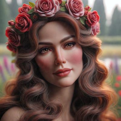 The primary subject of the image is a woman with long, curly hair, wearing a floral crown. She is posing for the camera, and her eyes are looking directly at the viewer. The setting is a garden, with a pond visible in the background. The visual style is a combination of photo and digital art, creating a realistic yet artistic representation of the woman. The colors and mood of the image are warm and inviting, with the woman's hair and the floral crown adding a touch of